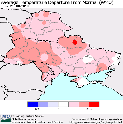 Ukraine, Moldova and Belarus Average Temperature Departure From Normal (WMO) Thematic Map For 12/24/2018 - 12/30/2018