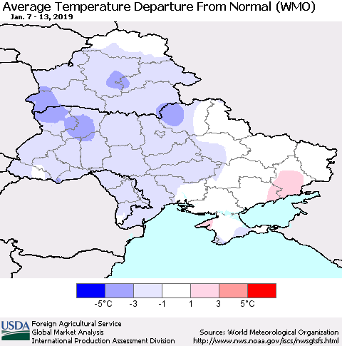 Ukraine, Moldova and Belarus Average Temperature Departure From Normal (WMO) Thematic Map For 1/7/2019 - 1/13/2019