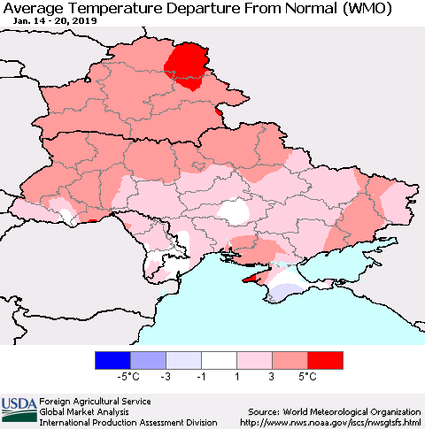 Ukraine, Moldova and Belarus Average Temperature Departure From Normal (WMO) Thematic Map For 1/14/2019 - 1/20/2019