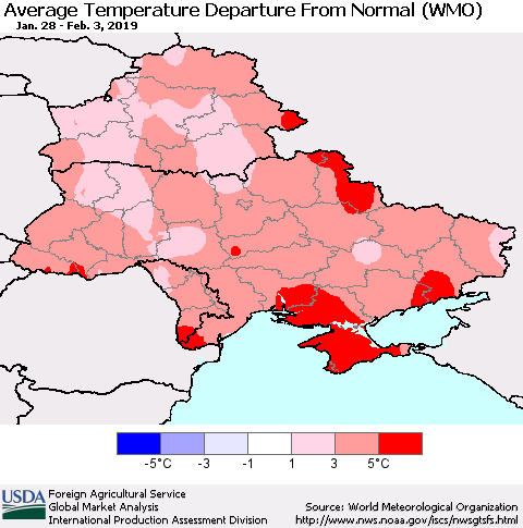 Ukraine, Moldova and Belarus Average Temperature Departure From Normal (WMO) Thematic Map For 1/28/2019 - 2/3/2019
