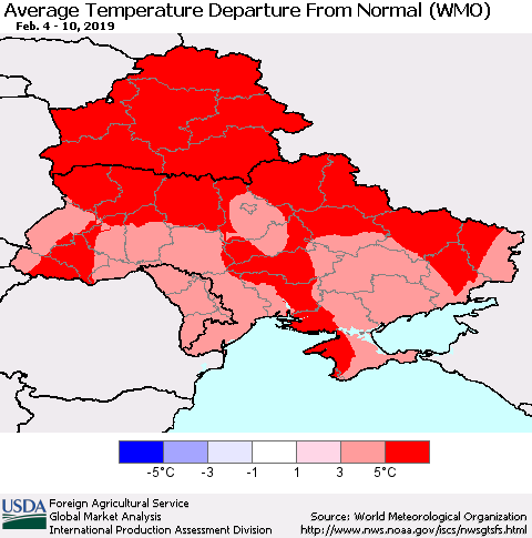 Ukraine, Moldova and Belarus Average Temperature Departure From Normal (WMO) Thematic Map For 2/4/2019 - 2/10/2019