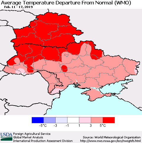 Ukraine, Moldova and Belarus Average Temperature Departure From Normal (WMO) Thematic Map For 2/11/2019 - 2/17/2019