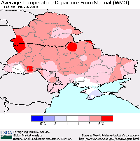Ukraine, Moldova and Belarus Average Temperature Departure From Normal (WMO) Thematic Map For 2/25/2019 - 3/3/2019