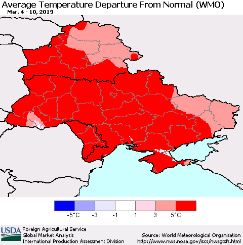 Ukraine, Moldova and Belarus Average Temperature Departure From Normal (WMO) Thematic Map For 3/4/2019 - 3/10/2019