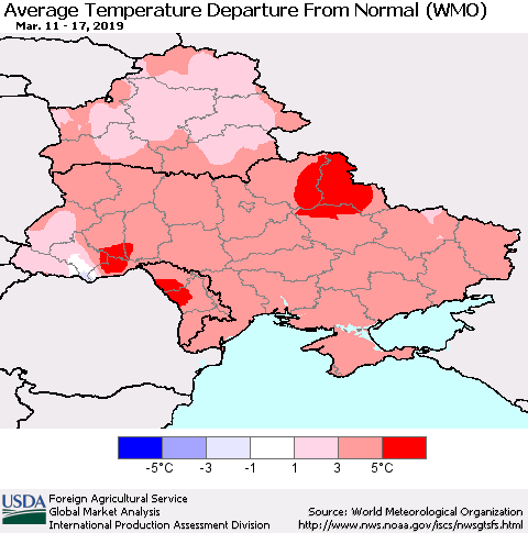 Ukraine, Moldova and Belarus Average Temperature Departure From Normal (WMO) Thematic Map For 3/11/2019 - 3/17/2019