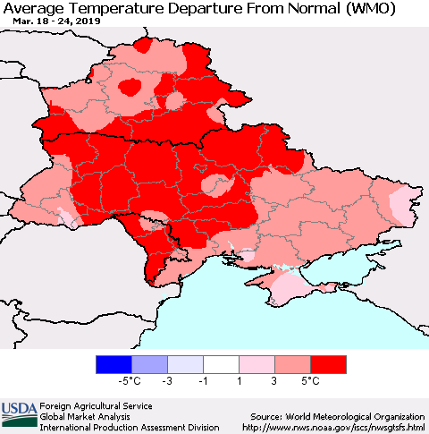 Ukraine, Moldova and Belarus Average Temperature Departure From Normal (WMO) Thematic Map For 3/18/2019 - 3/24/2019