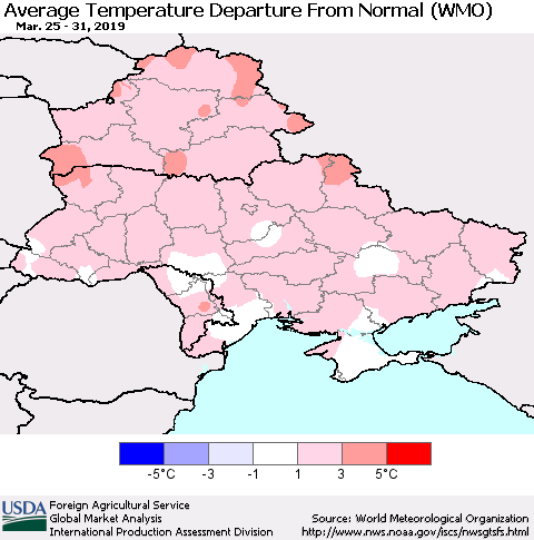 Ukraine, Moldova and Belarus Average Temperature Departure From Normal (WMO) Thematic Map For 3/25/2019 - 3/31/2019