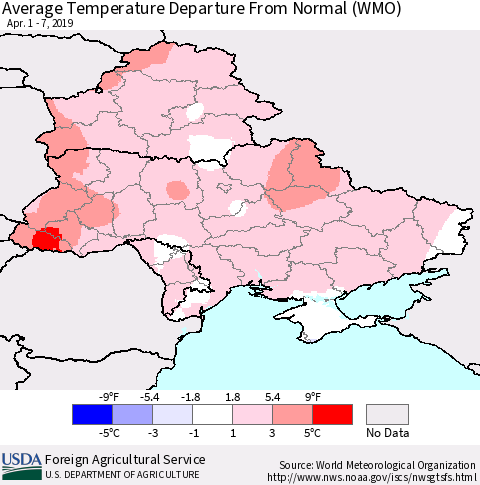 Ukraine, Moldova and Belarus Average Temperature Departure From Normal (WMO) Thematic Map For 4/1/2019 - 4/7/2019