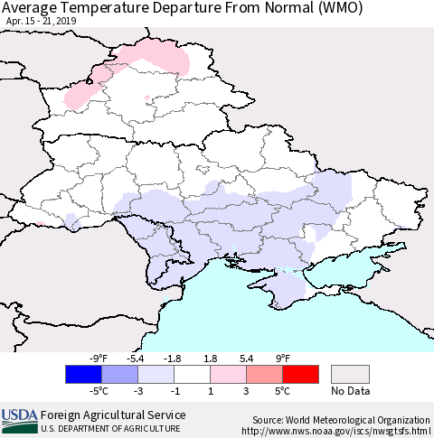 Ukraine, Moldova and Belarus Average Temperature Departure from Normal (WMO) Thematic Map For 4/15/2019 - 4/21/2019
