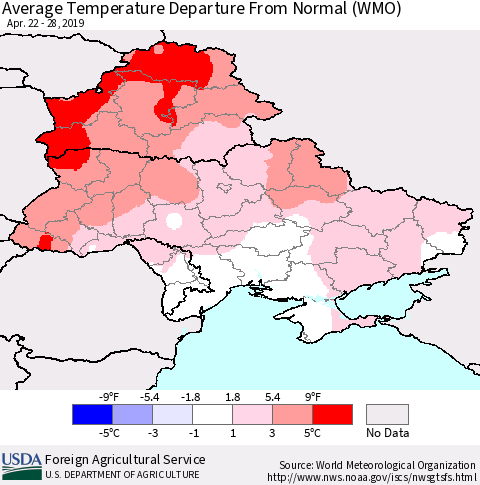 Ukraine, Moldova and Belarus Average Temperature Departure from Normal (WMO) Thematic Map For 4/22/2019 - 4/28/2019