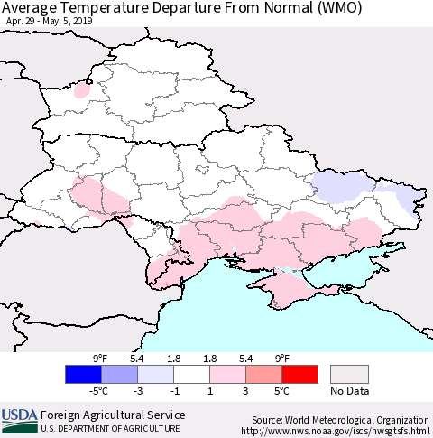 Ukraine, Moldova and Belarus Average Temperature Departure from Normal (WMO) Thematic Map For 4/29/2019 - 5/5/2019