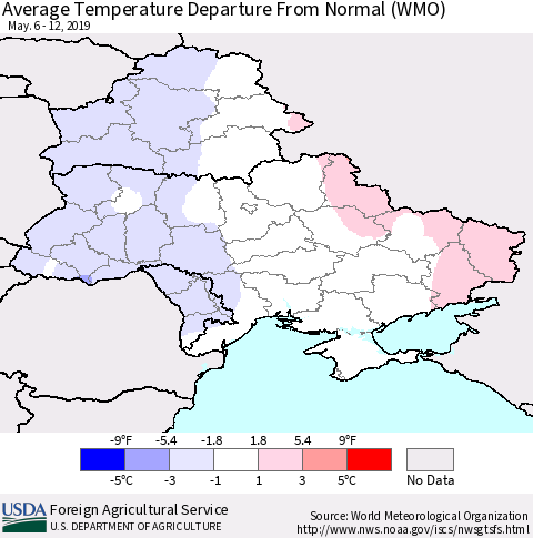 Ukraine, Moldova and Belarus Average Temperature Departure From Normal (WMO) Thematic Map For 5/6/2019 - 5/12/2019