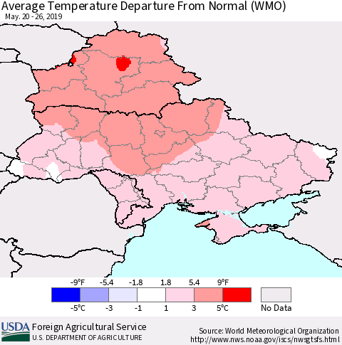Ukraine, Moldova and Belarus Average Temperature Departure From Normal (WMO) Thematic Map For 5/20/2019 - 5/26/2019