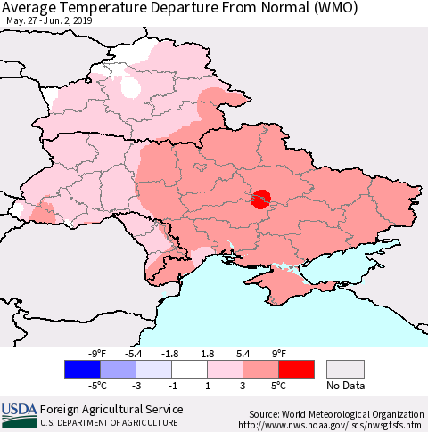 Ukraine, Moldova and Belarus Average Temperature Departure From Normal (WMO) Thematic Map For 5/27/2019 - 6/2/2019