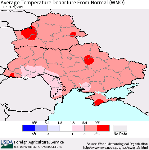 Ukraine, Moldova and Belarus Average Temperature Departure From Normal (WMO) Thematic Map For 6/3/2019 - 6/9/2019