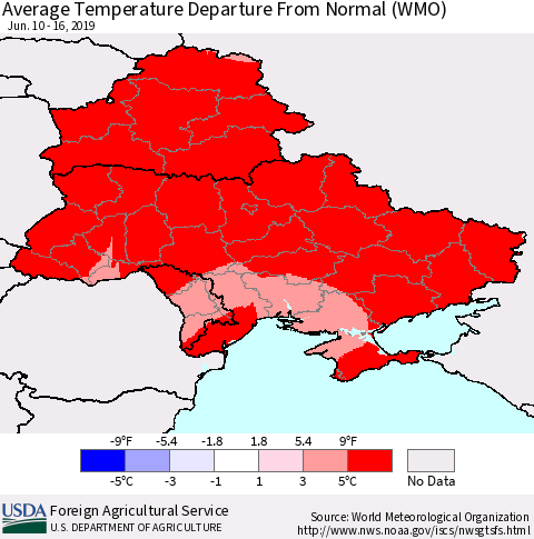 Ukraine, Moldova and Belarus Average Temperature Departure From Normal (WMO) Thematic Map For 6/10/2019 - 6/16/2019