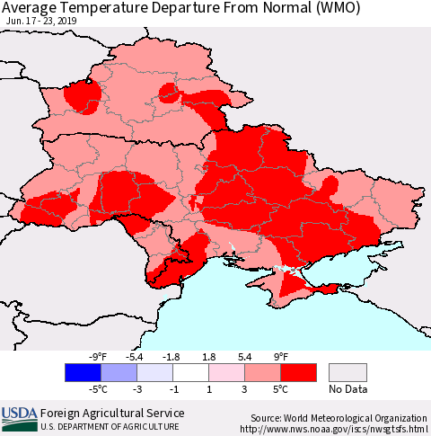 Ukraine, Moldova and Belarus Average Temperature Departure From Normal (WMO) Thematic Map For 6/17/2019 - 6/23/2019
