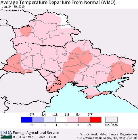 Ukraine, Moldova and Belarus Average Temperature Departure From Normal (WMO) Thematic Map For 6/24/2019 - 6/30/2019