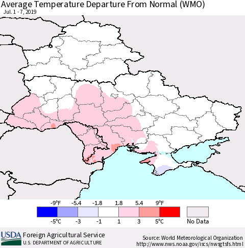 Ukraine, Moldova and Belarus Average Temperature Departure From Normal (WMO) Thematic Map For 7/1/2019 - 7/7/2019