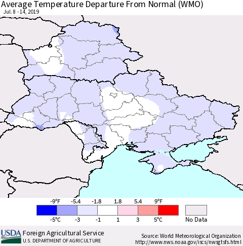 Ukraine, Moldova and Belarus Average Temperature Departure From Normal (WMO) Thematic Map For 7/8/2019 - 7/14/2019