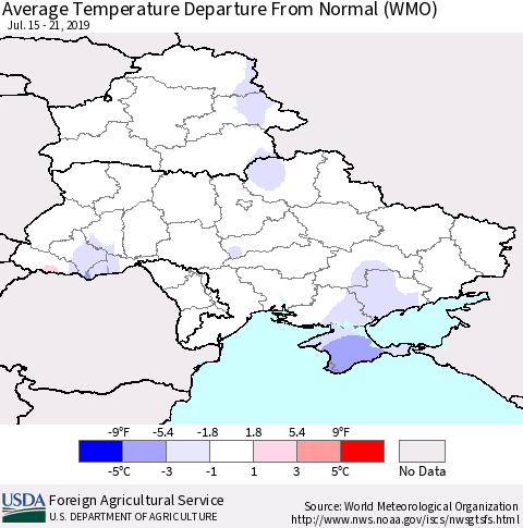 Ukraine, Moldova and Belarus Average Temperature Departure From Normal (WMO) Thematic Map For 7/15/2019 - 7/21/2019