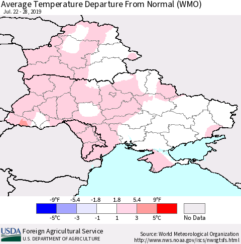 Ukraine, Moldova and Belarus Average Temperature Departure From Normal (WMO) Thematic Map For 7/22/2019 - 7/28/2019