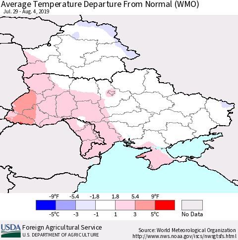 Ukraine, Moldova and Belarus Average Temperature Departure From Normal (WMO) Thematic Map For 7/29/2019 - 8/4/2019