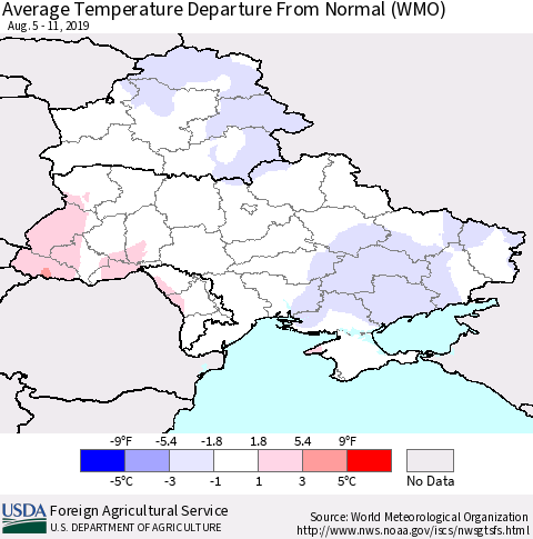 Ukraine, Moldova and Belarus Average Temperature Departure From Normal (WMO) Thematic Map For 8/5/2019 - 8/11/2019