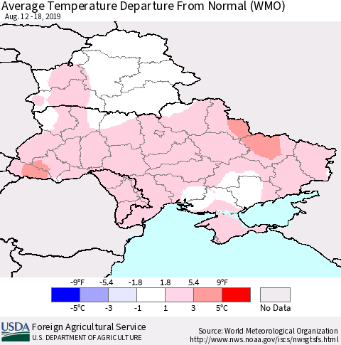 Ukraine, Moldova and Belarus Average Temperature Departure From Normal (WMO) Thematic Map For 8/12/2019 - 8/18/2019