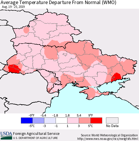 Ukraine, Moldova and Belarus Average Temperature Departure From Normal (WMO) Thematic Map For 8/19/2019 - 8/25/2019