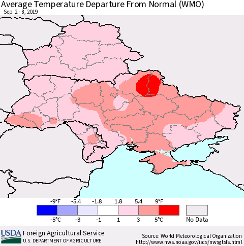 Ukraine, Moldova and Belarus Average Temperature Departure from Normal (WMO) Thematic Map For 9/2/2019 - 9/8/2019