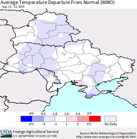 Ukraine, Moldova and Belarus Average Temperature Departure From Normal (WMO) Thematic Map For 9/16/2019 - 9/22/2019