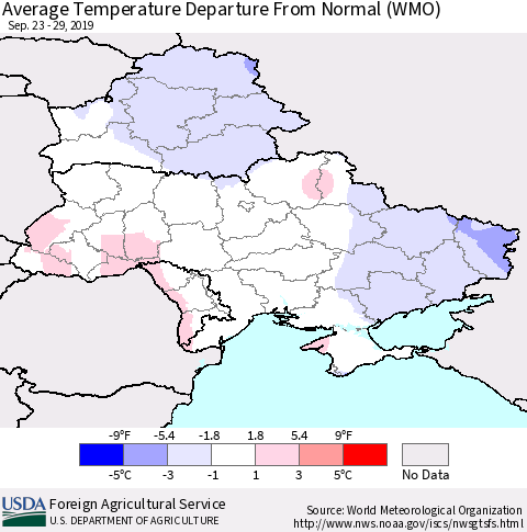 Ukraine, Moldova and Belarus Average Temperature Departure from Normal (WMO) Thematic Map For 9/23/2019 - 9/29/2019