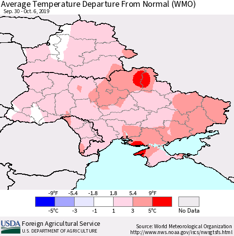 Ukraine, Moldova and Belarus Average Temperature Departure from Normal (WMO) Thematic Map For 9/30/2019 - 10/6/2019