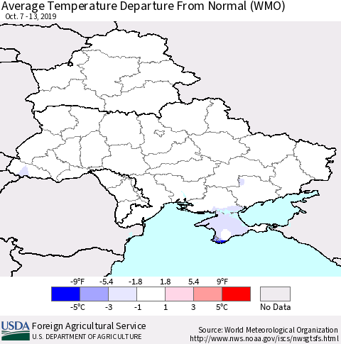 Ukraine, Moldova and Belarus Average Temperature Departure from Normal (WMO) Thematic Map For 10/7/2019 - 10/13/2019