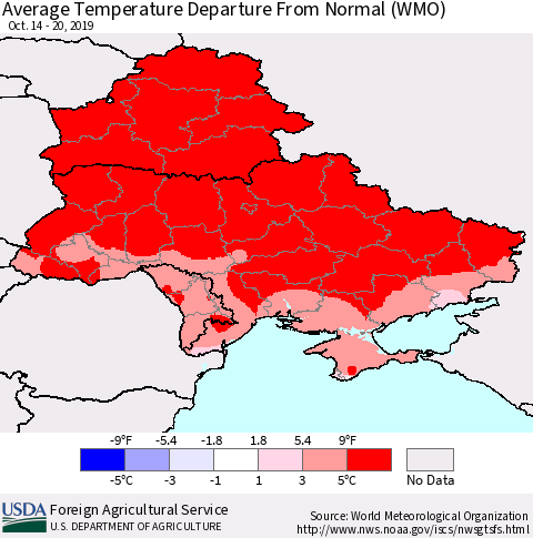 Ukraine, Moldova and Belarus Average Temperature Departure from Normal (WMO) Thematic Map For 10/14/2019 - 10/20/2019