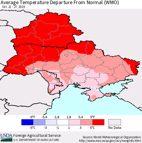 Ukraine, Moldova and Belarus Average Temperature Departure from Normal (WMO) Thematic Map For 10/21/2019 - 10/27/2019
