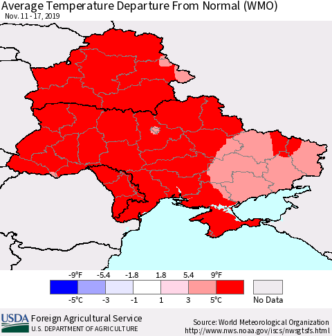 Ukraine, Moldova and Belarus Average Temperature Departure From Normal (WMO) Thematic Map For 11/11/2019 - 11/17/2019