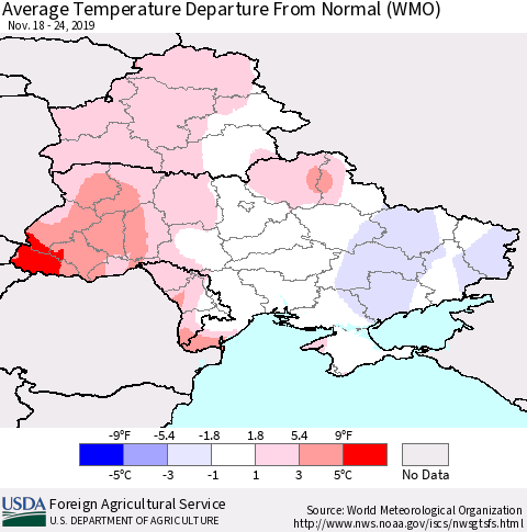 Ukraine, Moldova and Belarus Average Temperature Departure from Normal (WMO) Thematic Map For 11/18/2019 - 11/24/2019