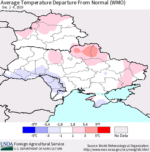 Ukraine, Moldova and Belarus Average Temperature Departure from Normal (WMO) Thematic Map For 12/2/2019 - 12/8/2019