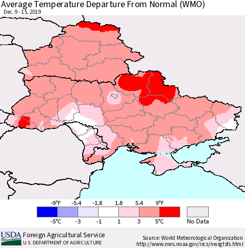 Ukraine, Moldova and Belarus Average Temperature Departure from Normal (WMO) Thematic Map For 12/9/2019 - 12/15/2019