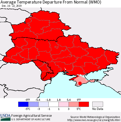 Ukraine, Moldova and Belarus Average Temperature Departure from Normal (WMO) Thematic Map For 12/16/2019 - 12/22/2019