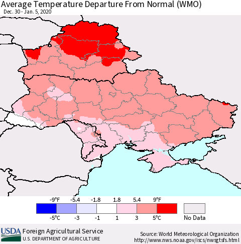 Ukraine, Moldova and Belarus Average Temperature Departure from Normal (WMO) Thematic Map For 12/30/2019 - 1/5/2020