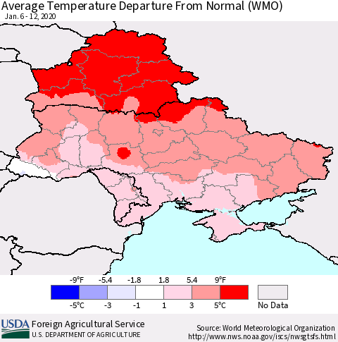 Ukraine, Moldova and Belarus Average Temperature Departure from Normal (WMO) Thematic Map For 1/6/2020 - 1/12/2020