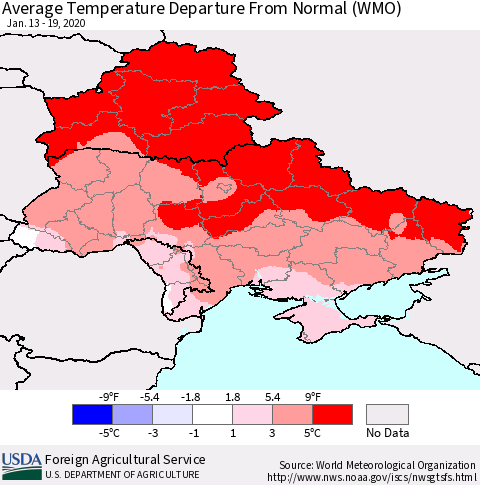 Ukraine, Moldova and Belarus Average Temperature Departure from Normal (WMO) Thematic Map For 1/13/2020 - 1/19/2020