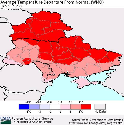 Ukraine, Moldova and Belarus Average Temperature Departure from Normal (WMO) Thematic Map For 1/20/2020 - 1/26/2020