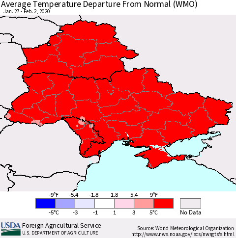 Ukraine, Moldova and Belarus Average Temperature Departure from Normal (WMO) Thematic Map For 1/27/2020 - 2/2/2020