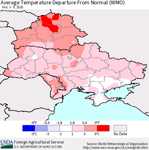 Ukraine, Moldova and Belarus Average Temperature Departure from Normal (WMO) Thematic Map For 2/3/2020 - 2/9/2020