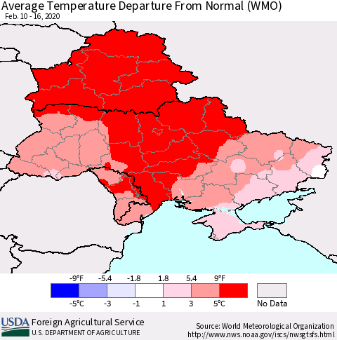 Ukraine, Moldova and Belarus Average Temperature Departure from Normal (WMO) Thematic Map For 2/10/2020 - 2/16/2020