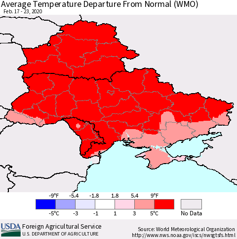 Ukraine, Moldova and Belarus Average Temperature Departure from Normal (WMO) Thematic Map For 2/17/2020 - 2/23/2020